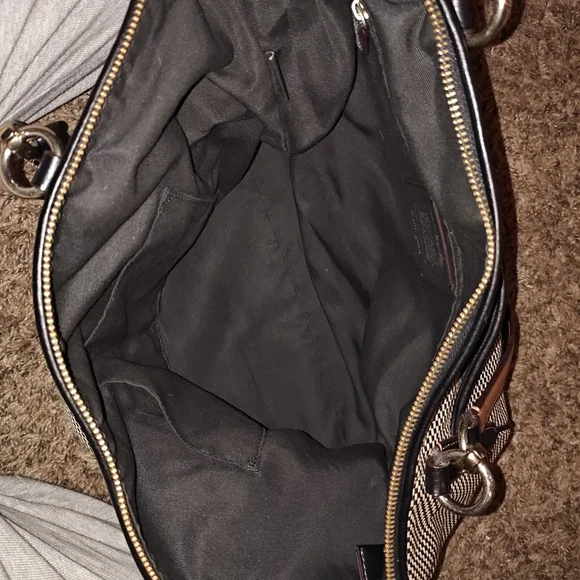 Coach Black and White Signature Tote with Brown Leather Handles - Picture 3 of 4